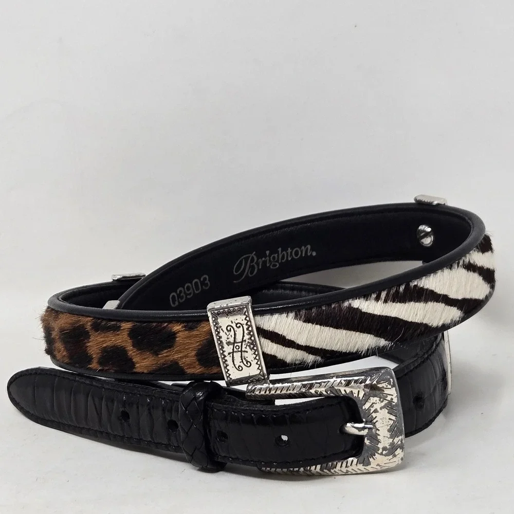 Brighton Q3903 Womens Belt 34 Black Croc Leopard Zebra Calf Hair Western Silver